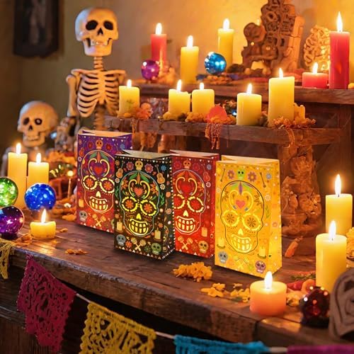 30 Pcs Dia De Los Muertos Luminary Bags for Halloween and Mexican Fiesta Decor