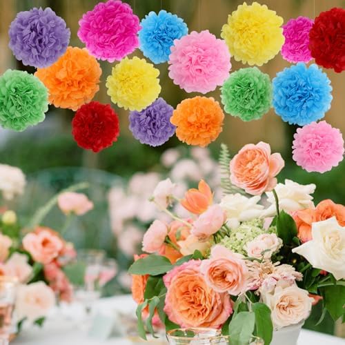 BestoFun 16PCS Mexico Party Decorations Tissue Paper Flowers Pom Poms