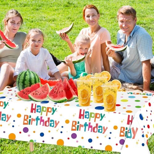 2PCS Happy Birthday Tablecloth Set 54X108inch Waterproof Plastic Table Covers with Colorful Polka Dots for Kids Parties
