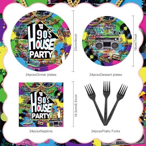 90s House Party Tableware Set 96 Pcs Retro Graffiti Disposable Plates Napkins Forks for 24 Guests