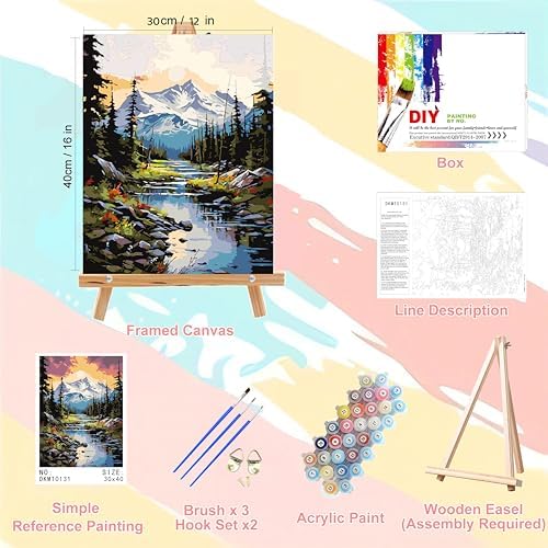 Mountain Paint by Numbers for Adults with Framed Canvas and Wooden Easel