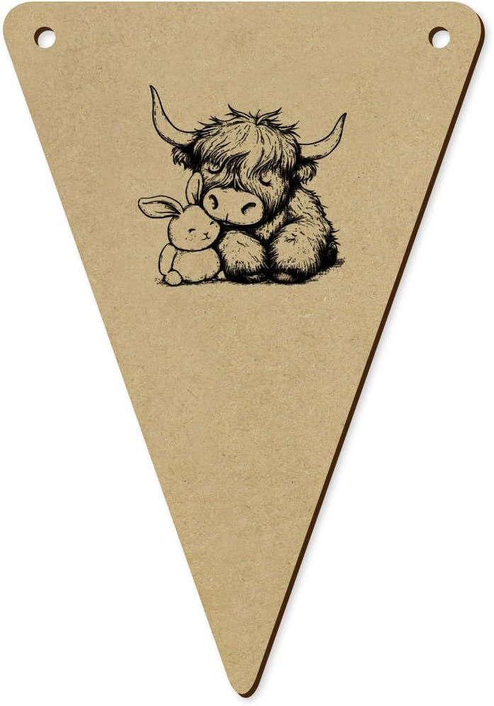 Azeeda 5pcs Sleepy Highland Cow Cuddling with Plush Bunny Wooden Bunting Flags