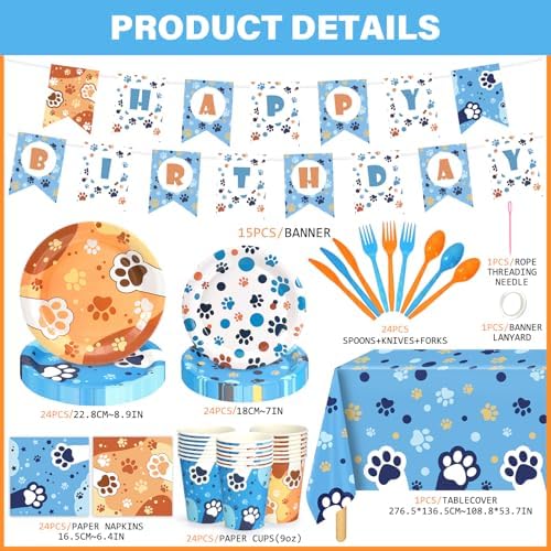 170 PCS Dog Paw Print Birthday Party Set for 24 Guests