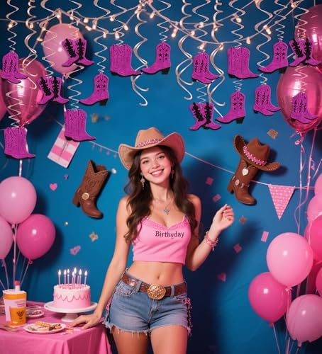 16Pcs Cowgirl Boots Streamers Western Party Decorations Double-Sided Black Rose Red Glitter