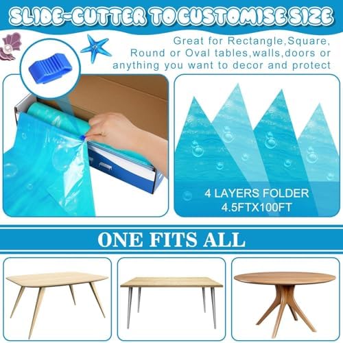 FULJOOY 1200x54 Inch Ocean Themed Table Cover with Slide Cutter Box