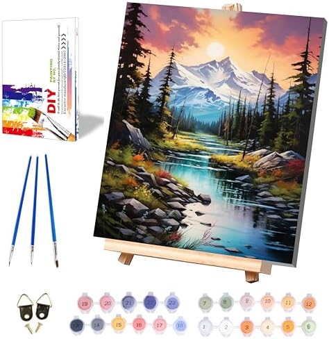 Mountain Paint by Numbers for Adults with Framed Canvas and Wooden Easel