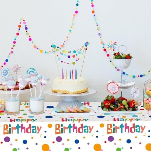 2PCS Happy Birthday Tablecloth Set 54X108inch Waterproof Plastic Table Covers with Colorful Polka Dots for Kids Parties
