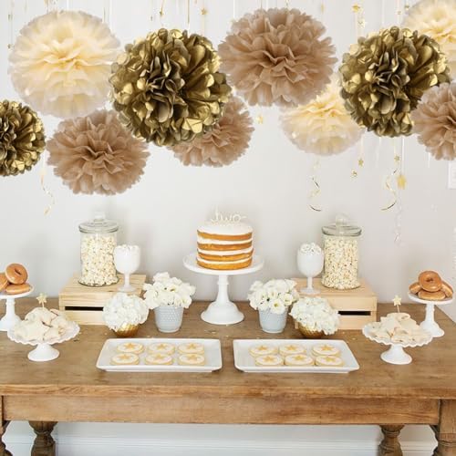 Gold Champagne Gold and Ivory White Tissue Pom Poms 12pc