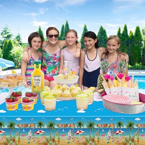 4 Pack Beach Party Tablecloths with Flamingo Surfboard Design