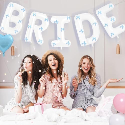White Bride Balloons with Blue Bows and Iridescent Tattoos