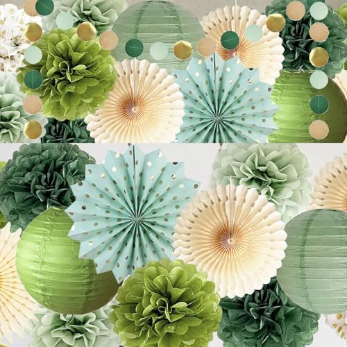 Olive Sage Green Birthday Party Decor Tissue Pom Poms Fans Lanterns