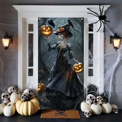 Skeleton Witch Halloween Door Cover 35x71 Inch