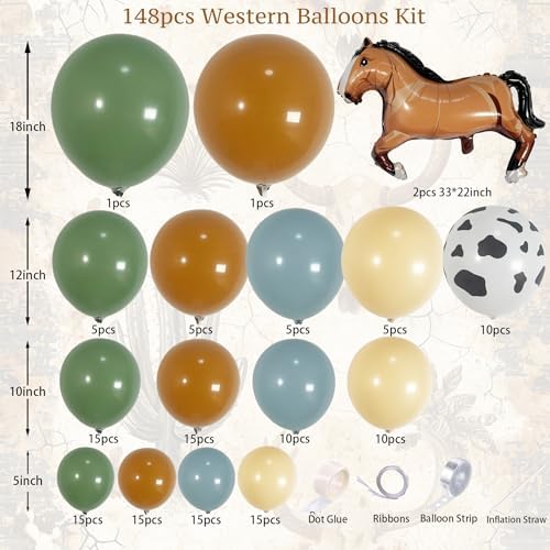 148Pcs Western Balloon Arch Kit with Horse Balloons for Cowboy Birthday Party Decorations