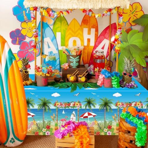 4 Pack Beach Party Tablecloths with Flamingo Surfboard Design