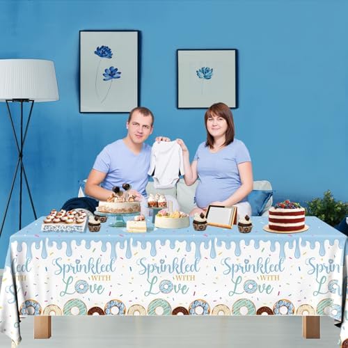 HAKOTI Donut Themed Baby Shower Tablecloth 2Pcs Blue Plastic Rectangle Cover for Boy