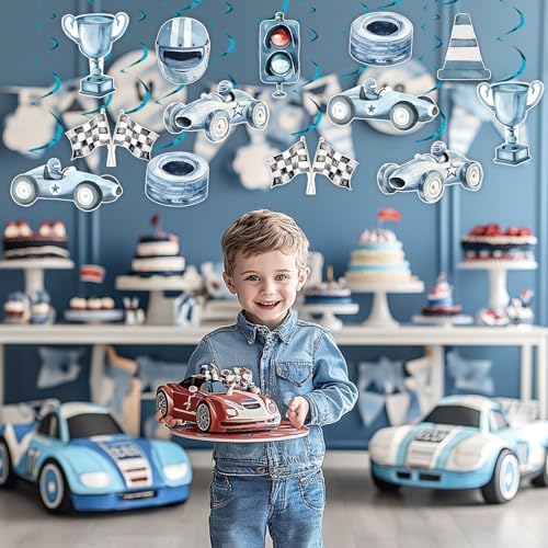 Funmemoir Blue Race Car Streamers - 24 Piece Set with Double Sided Print