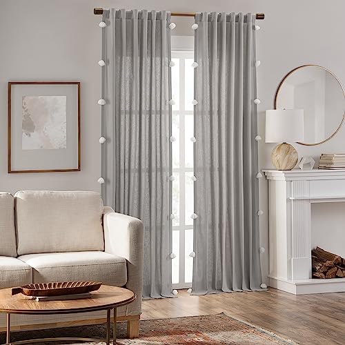 Mercantile Grey Light Filtering Curtain with Pom Poms 50x108