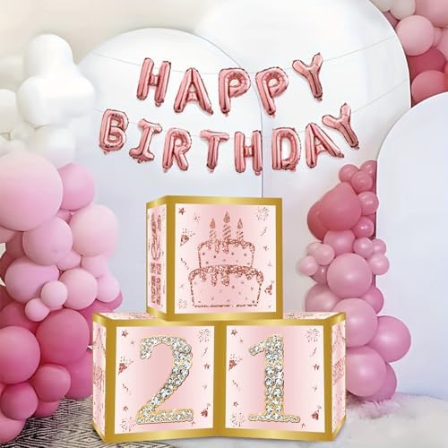 Birthday Decorations Boxes With 0-9 Numbers 3PCS Pink Rose Gold Happy Birthday Balloons Boxes