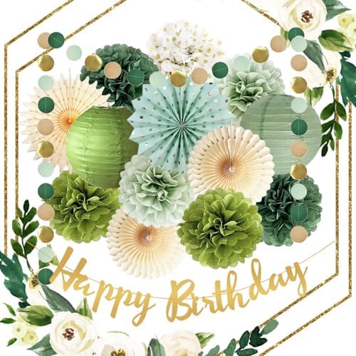 Olive Sage Green Birthday Party Decor Tissue Pom Poms Fans Lanterns