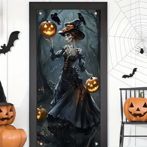 Skeleton Witch Halloween Door Cover 35x71 Inch