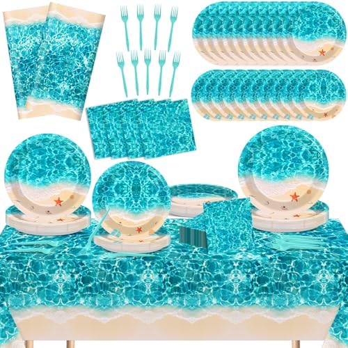 Summer Beach Party Supplies 98PCS Ocean Waves Tableware Set for 24 Guests