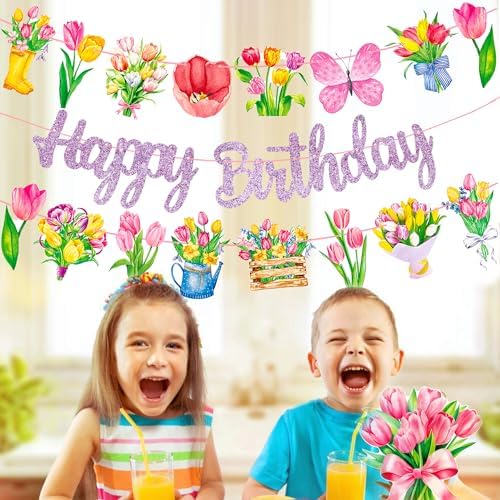 Tulip Birthday Banners 3Pcs Spring Floral Decorations
