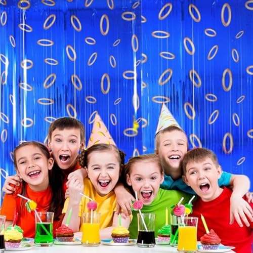 Blue and Gold Ring Foil Fringe Curtains Backdrop for Birthday Party Decorations