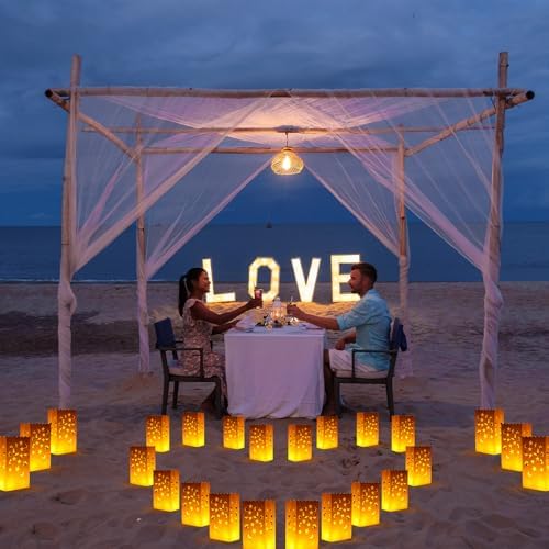 Honoson 24 Pcs White Luminary Candle Bags with Star and Moon Cutouts