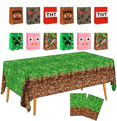 Pixel Party Favors Bulk Set - 12 Pcs Goodie Bags and 2 Pcs Tablecloth for Mining Birthday Party 1