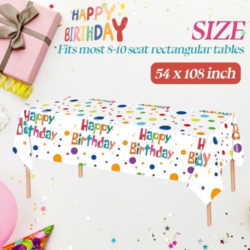 2PCS Happy Birthday Tablecloth Set 54X108inch Waterproof Plastic Table Covers with Colorful Polka Dots for Kids Parties
