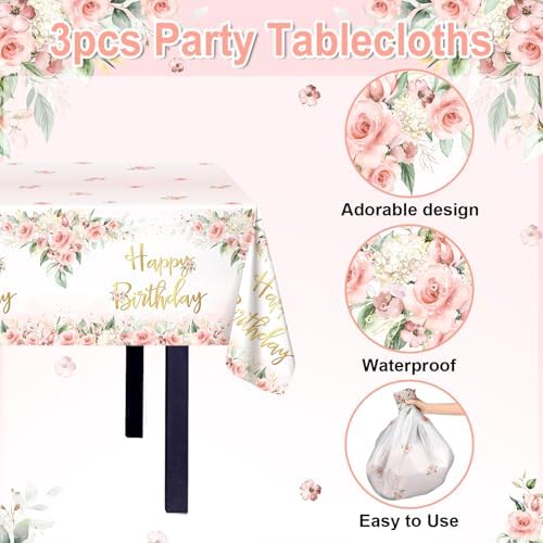 Avezano 3 Pcs Rose Gold Birthday Tablecloths for Girls Women Parties