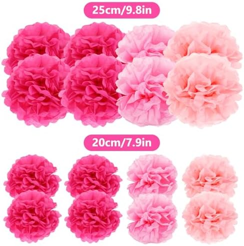 Lusofie 16pcs Hot Pink Tissue Pom Poms Decor Party Flowers