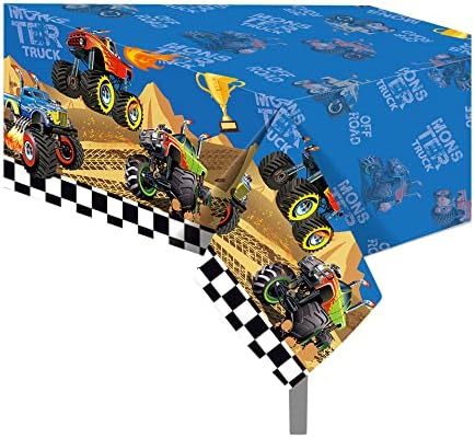 2 PCS Monster Truck Party Tablecloths 87 x 51 Rectangular Plastic Covers for Kids Parties and Decorations
