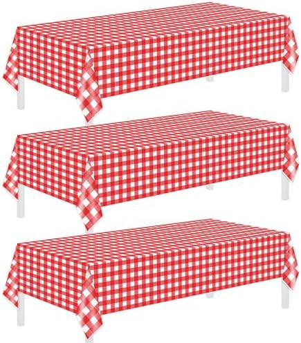 Childom 3 Pack Red White Checkered Tablecloths 54x108 Inches Disposable Plastic for Events and Parties