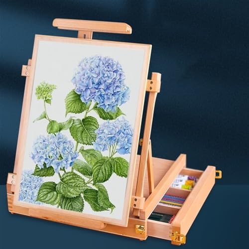 Wood Drawer Table Sketch Box Portable Art Storage Case with 4 Compartments