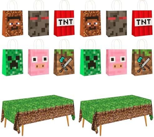 Pixel Party Favors Bulk Set - 12 Pcs Goodie Bags and 2 Pcs Tablecloth for Mining Birthday Party 1