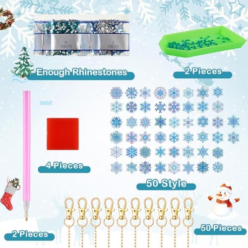 Equsion 50 Pcs Winter Snowflake Diamond Painting Keychains Kit