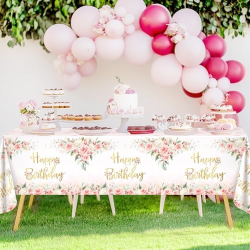 Avezano 3 Pcs Rose Gold Birthday Tablecloths for Girls Women Parties