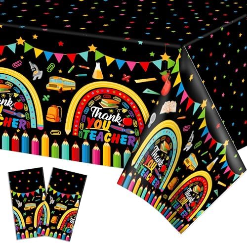 2PCS Thank You Teacher Tablecloths 87x51 Plastic Covers for School Events
