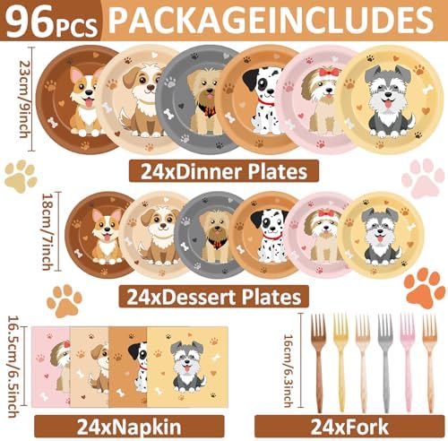 96Pcs Dog Party Supplies Puppy Themed Plates Napkins Forks