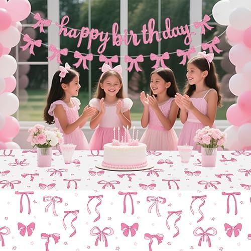 3Pcs Pink Bow Birthday Tablecloths Set for Girls Party