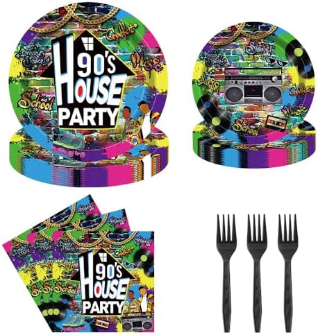 90s House Party Tableware Set 96 Pcs Retro Graffiti Disposable Plates Napkins Forks for 24 Guests