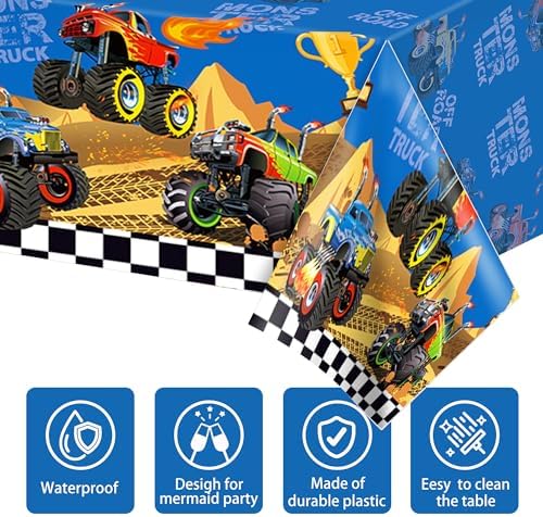 2 PCS Monster Truck Party Tablecloths 87 x 51 Rectangular Plastic Covers for Kids Parties and Decorations