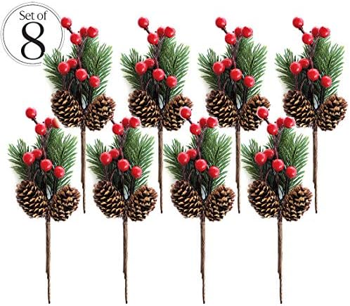 OLYPHAN Red Berry Pine Cones Decor Set of 8