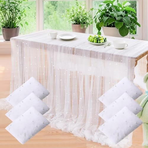 Set of 6 Pearl Table Runner White 10ft Tulle Chiffon