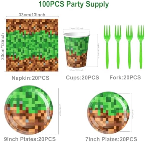 Pixel Gaming Party Supplies Set 100 PCS for 20 Guests
