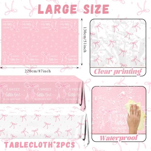 2Pcs Pink Bow Baby Shower Tablecloths for Girl Parties