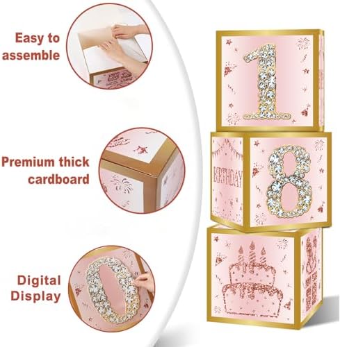 Birthday Decorations Boxes With 0-9 Numbers 3PCS Pink Rose Gold Happy Birthday Balloons Boxes
