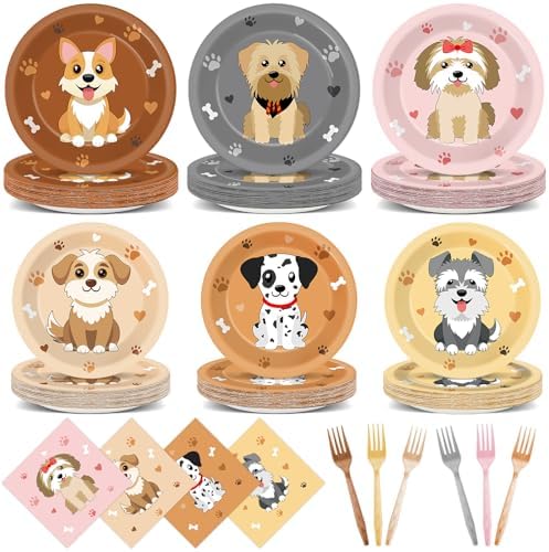 96Pcs Dog Party Supplies Puppy Themed Plates Napkins Forks