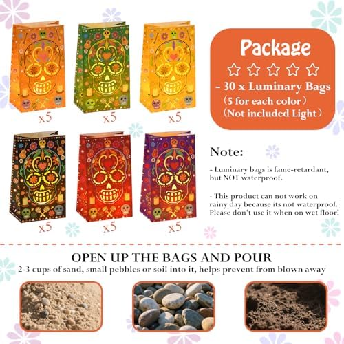 30 Pcs Dia De Los Muertos Luminary Bags for Halloween and Mexican Fiesta Decor